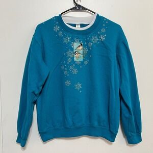 Vintage Morning Sun Sweatshirt Womens L Teal Bird Chickadee Snowflake Studded